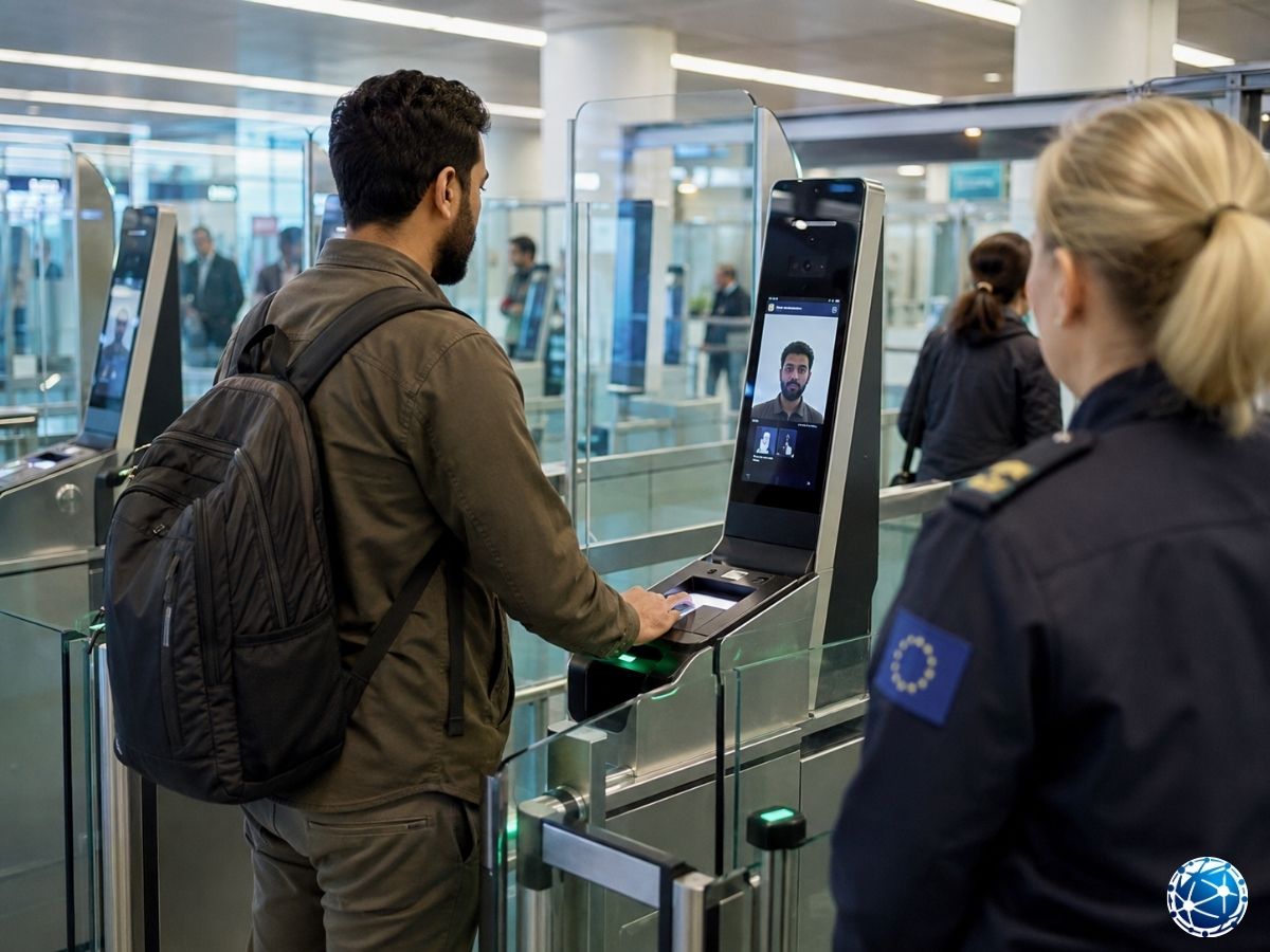 Schengen dış sınırında EES biyometrik yüz tanıma ve pasaport kontrolünden geçen yolcu