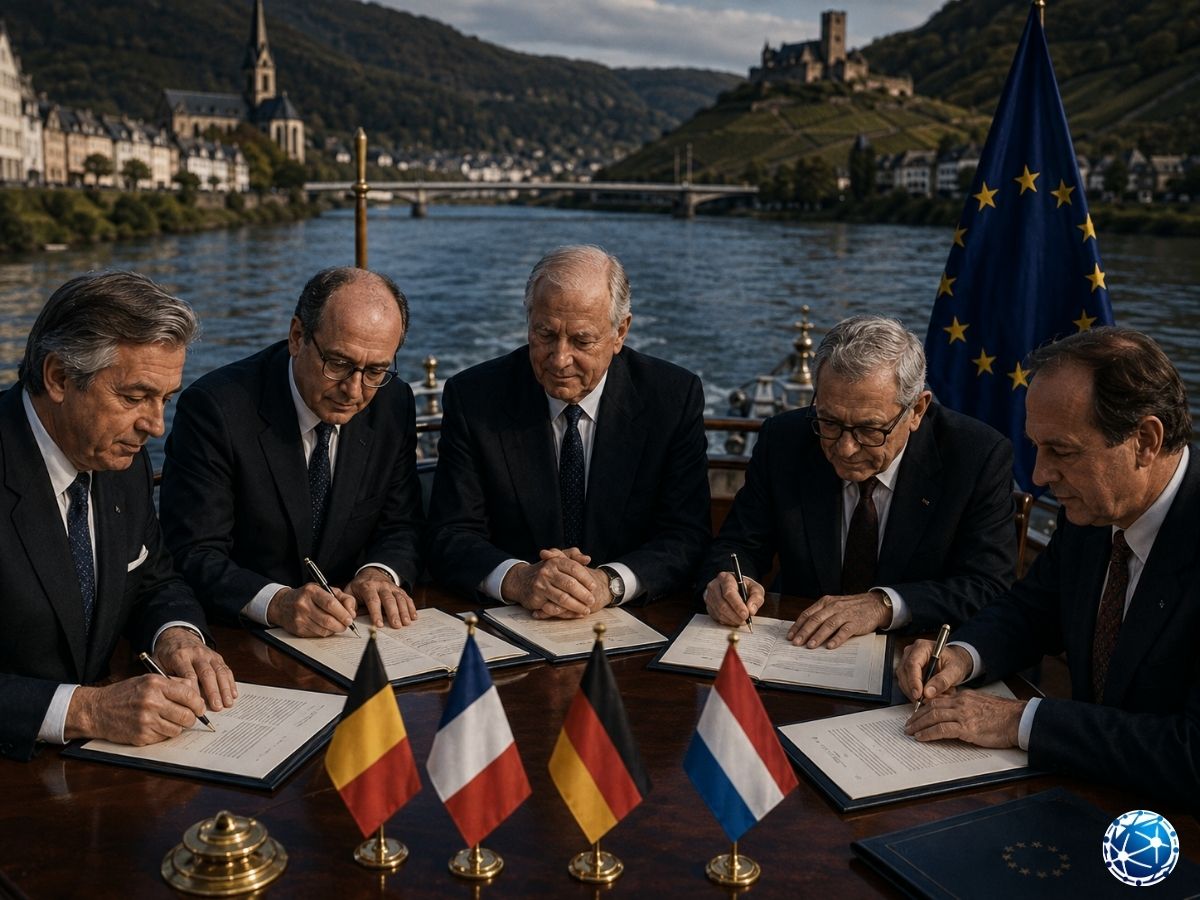 1985 Schengen Anlaşması’nın Avrupa ülkeleri arasında imzalanmasını temsil eden Moselle Nehri üzerindeki tarihî töre