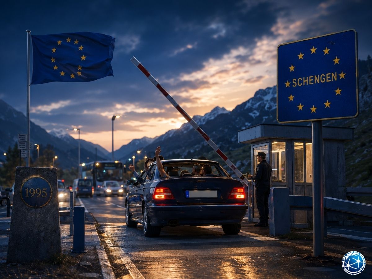 1995 yılında Schengen iç sınır kontrollerinin kaldırılmasını simgeleyen açık Avrupa sınır kapısı