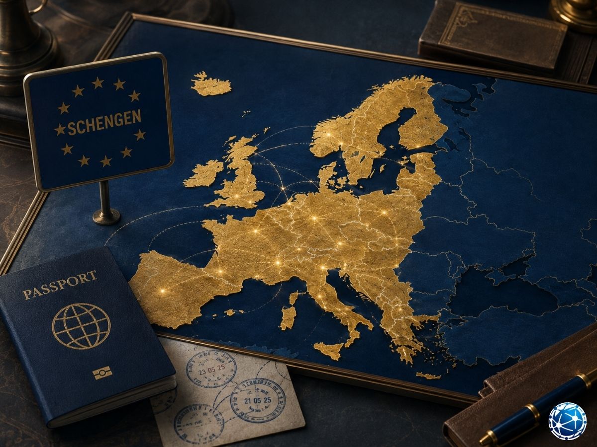 Schengen’in beş ülkeden 29 ülkeye genişlemesini ve Avrupa ülkeleri arasındaki bağlantıları gösteren harita