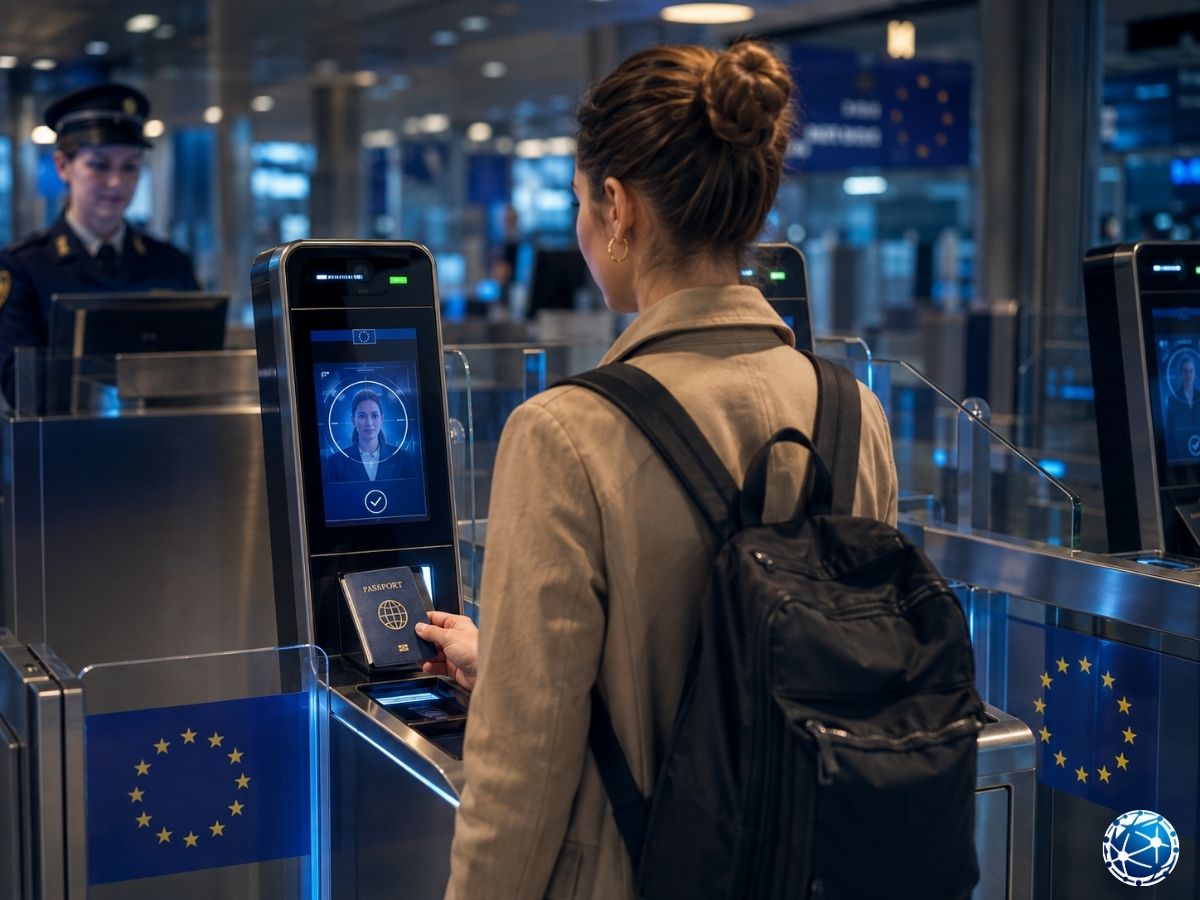 Schengen dış sınır yönetiminin dijitalleşmesini gösteren biyometrik pasaport ve yüz tanıma kontrol noktası