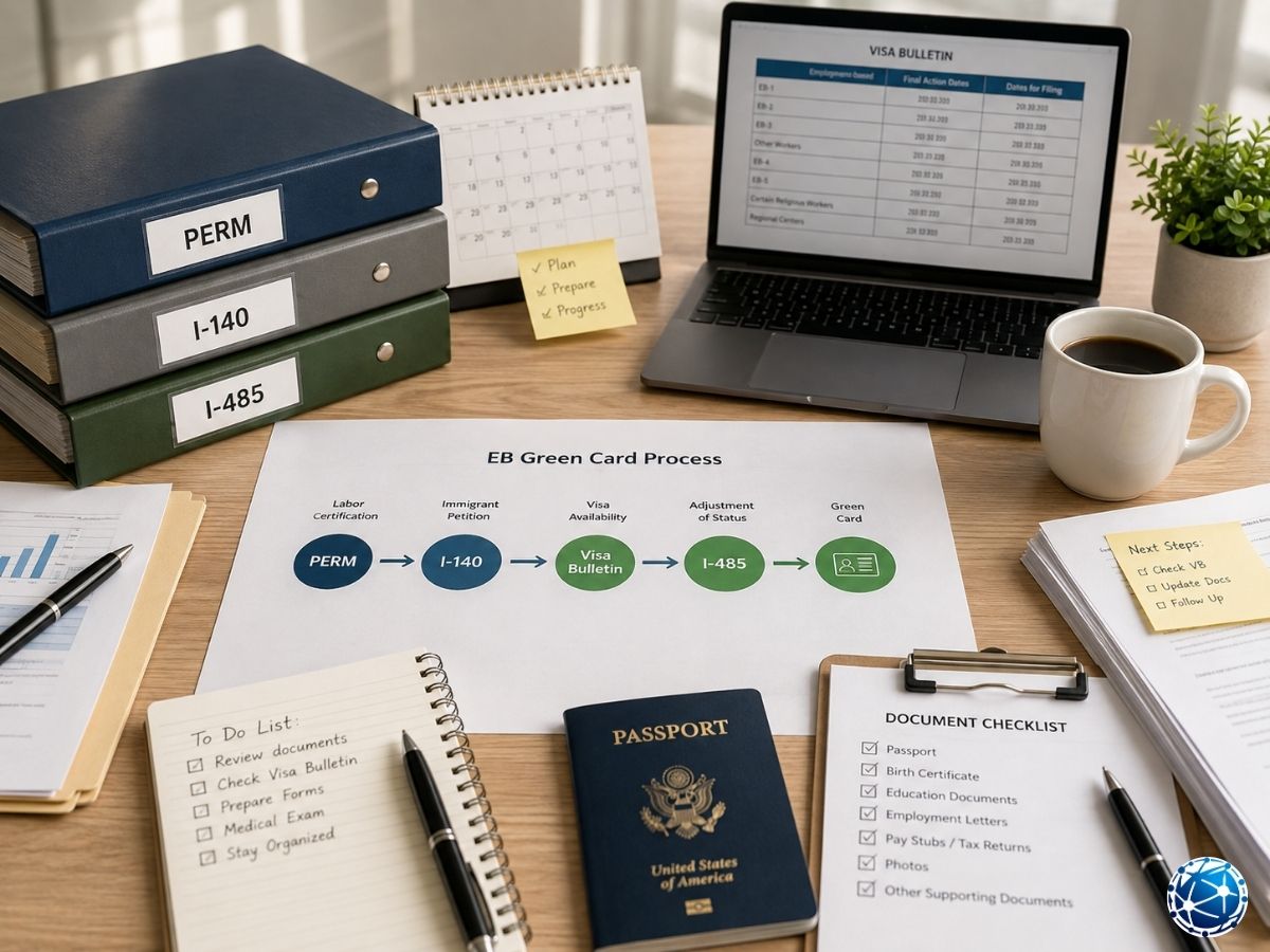 ABD Green Card sürecinde PERM, I-140, Visa Bulletin ve I-485 adımlarını gösteren başvuru planlama masası