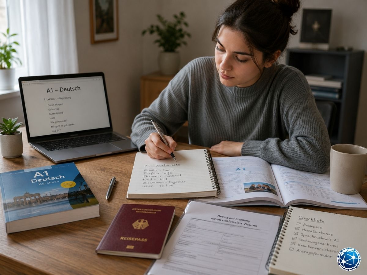 Almanya aile birleşimi vizesi için A1 Almanca çalışan ve başvuru belgelerini hazırlayan kadın