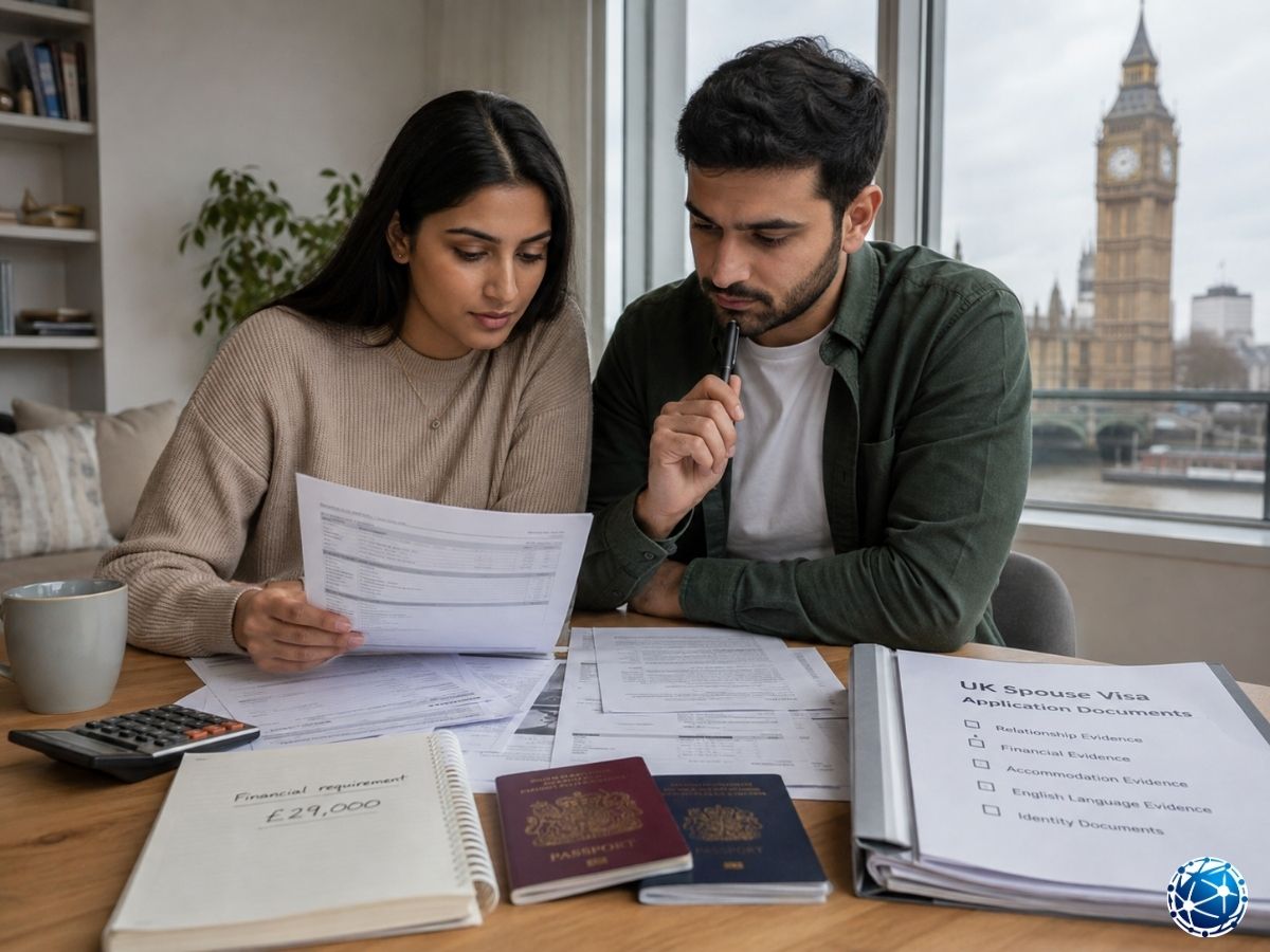 İngiltere Spouse Visa başvurusu için £29.000 gelir şartı ve mali belgeleri inceleyen çift