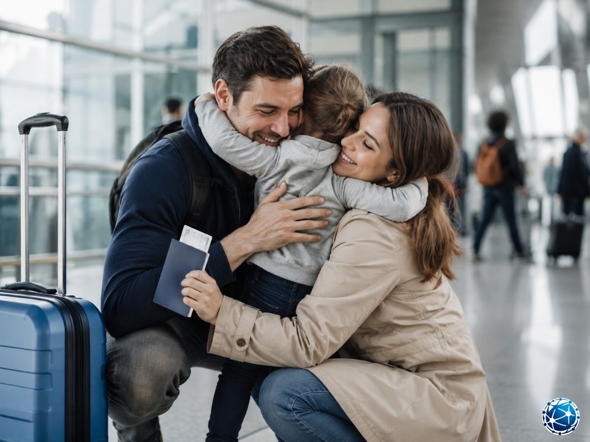 Aile birleşimi vizesi sonrası havalimanında yeniden bir araya gelen anne, baba ve çocuk