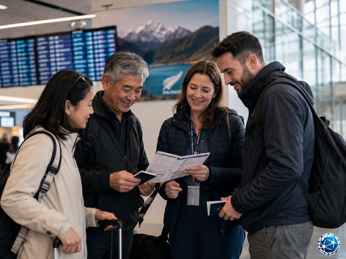 Yeni Zelanda Group Visitor Visa ve Tour Escort Visa kapsamında havalimanında seyahat belgelerini kontrol eden grup