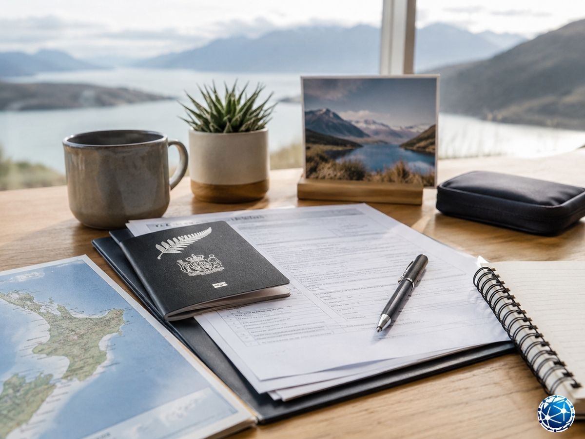 Yeni Zelanda Visitor Visa başvurusu için pasaport, seyahat planı ve başvuru belgelerinin hazırlandığı masa