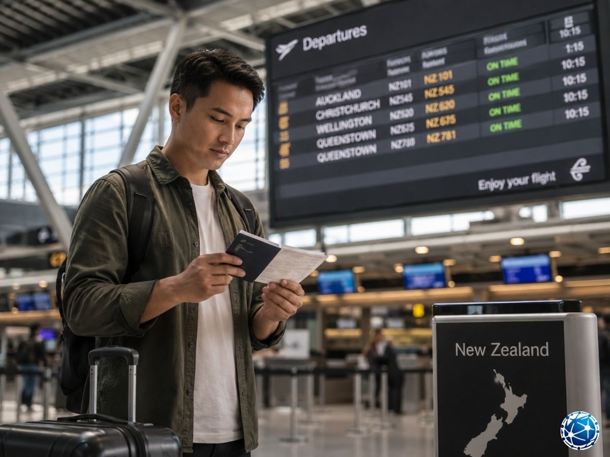 Yeni Zelanda’ya seyahat edecek ziyaretçinin havalimanında pasaport ve uçuş belgelerini kontrol etmesi