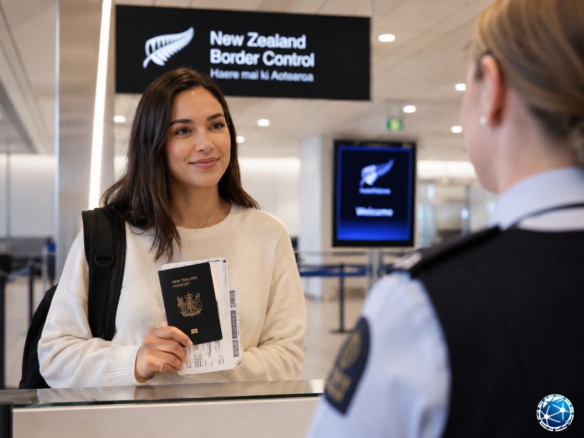 Yeni Zelanda sınır kontrolünde pasaport ve seyahat belgelerini görevliye sunan ziyaretçi