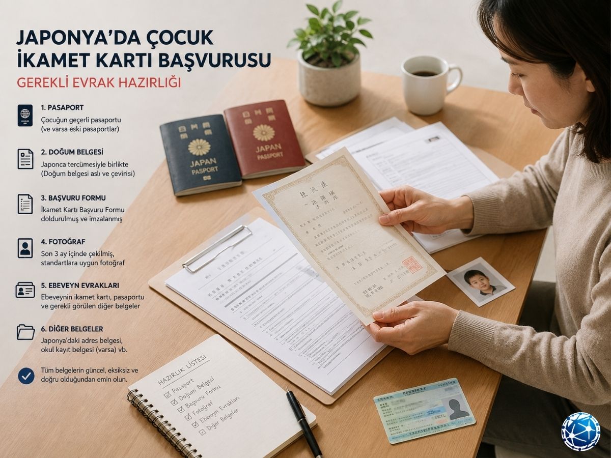 Japonya’da çocuk ikamet kartı başvurusu için pasaport, doğum belgesi ve fotoğraf evraklarını hazırlayan ebeveyn