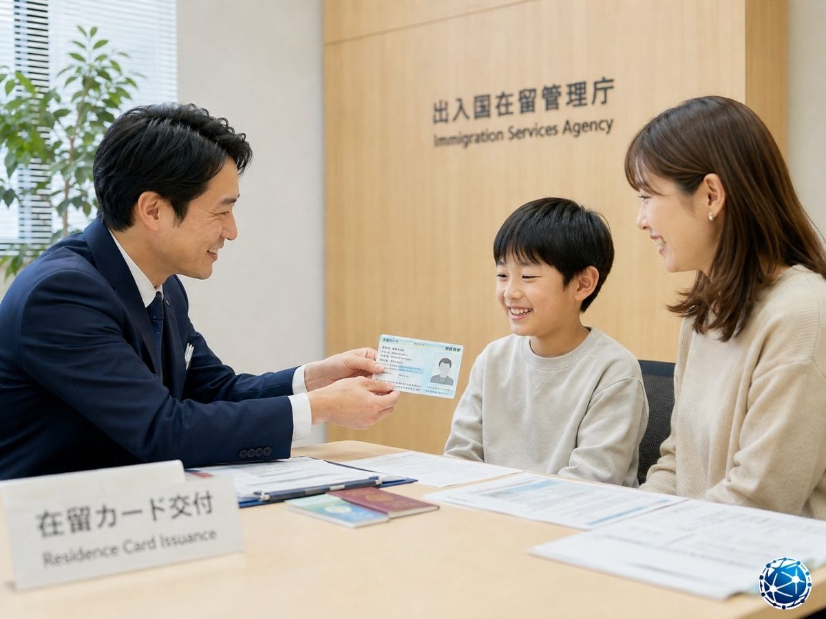 Japonya Göçmenlik Hizmetleri Ajansında yeni fotoğraflı ikamet kartını teslim alan çocuk ve ebeveyn