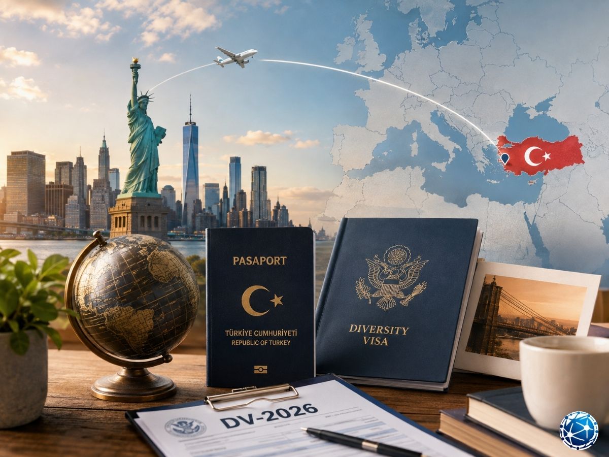 Türkiye’den DV-2026 Green Card sürecine katılımı simgeleyen Avrupa ve ABD bağlantısı