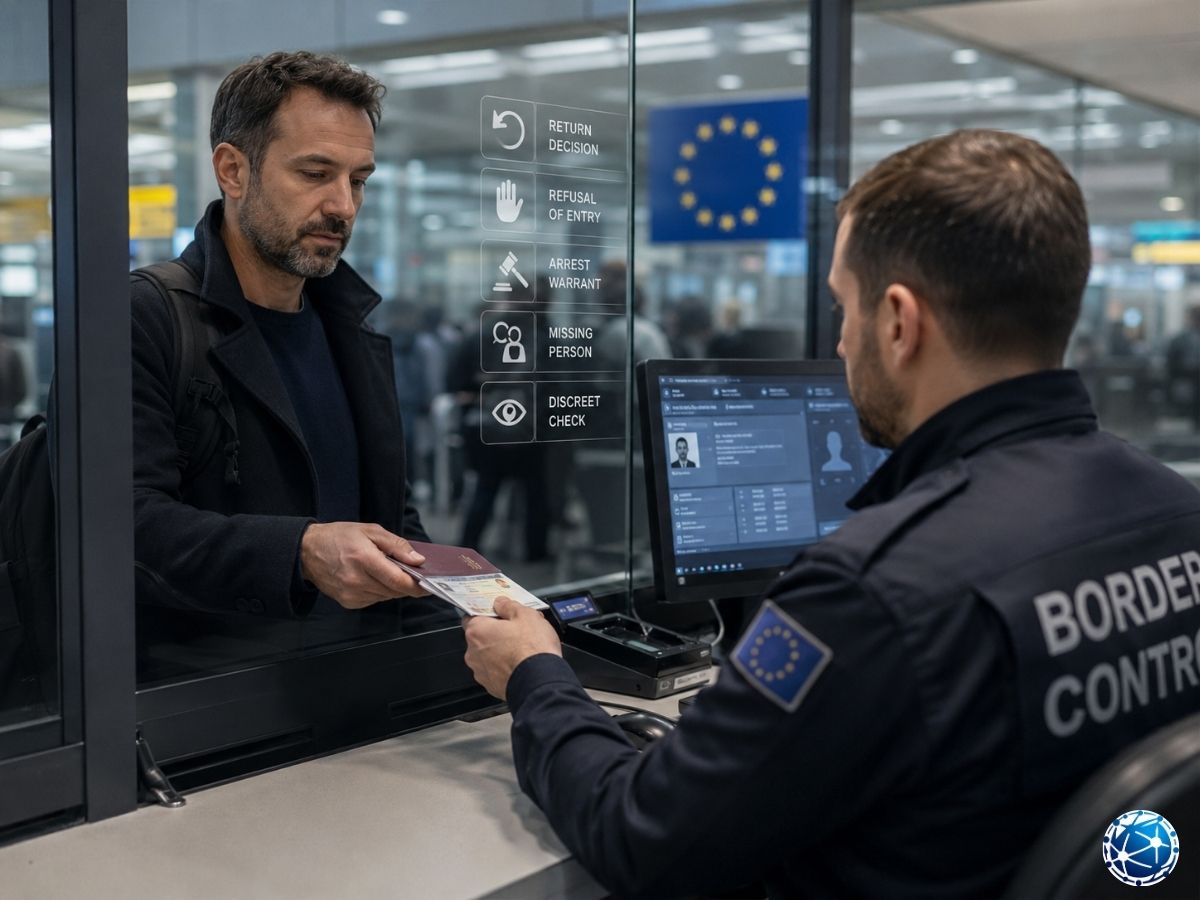 Schengen sınır kontrolünde SIS uyarı kategorilerine göre pasaport ve kimlik bilgilerini inceleyen görevli