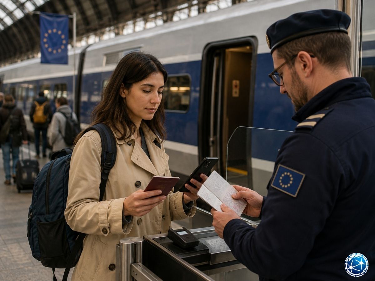 Tren yolculuğunda sınır görevlisi tarafından ETIAS ve seyahat belgeleri kontrol edilen yolcu