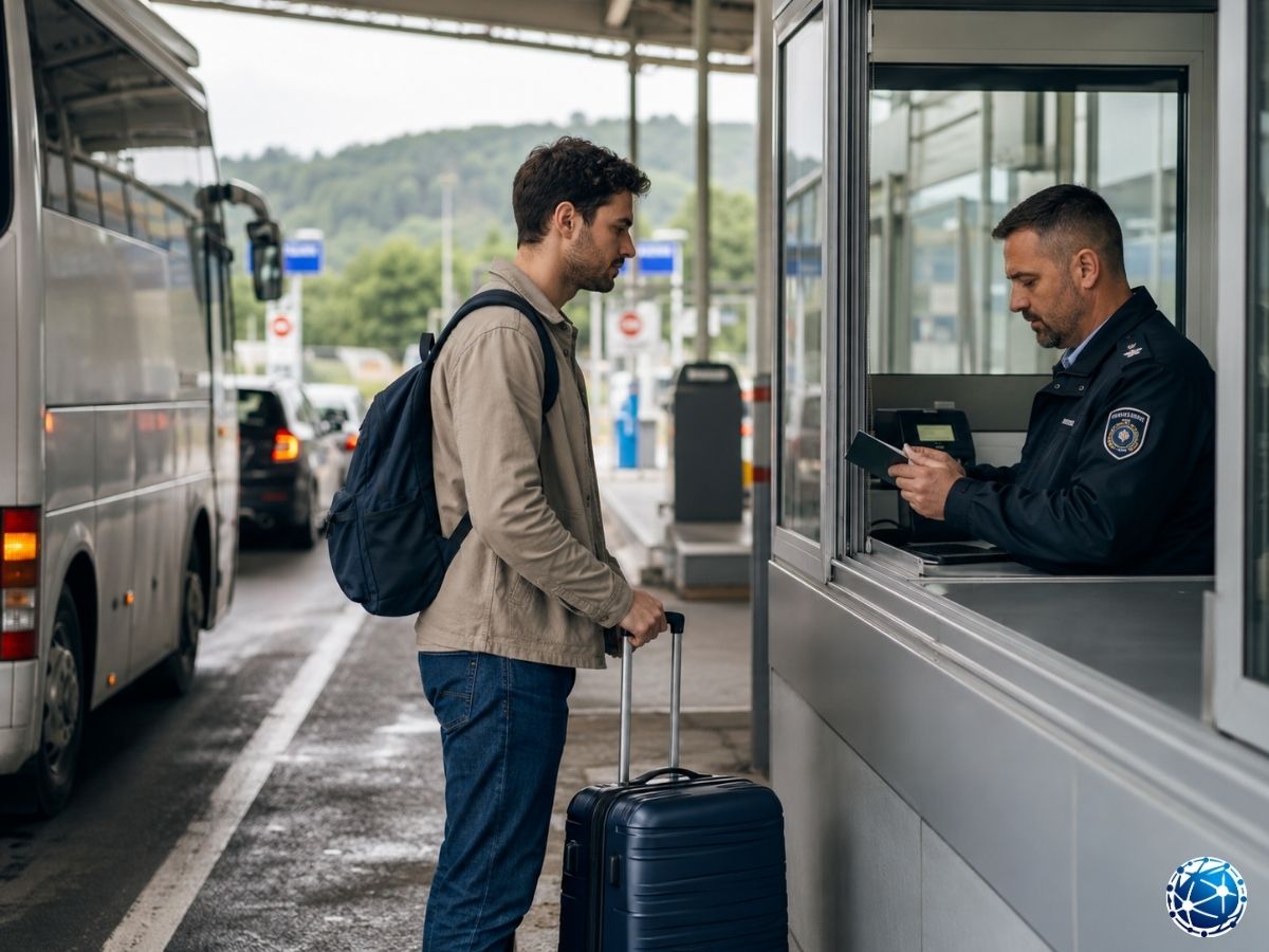 Kara sınır kapısında otobüsten inerek pasaport ve ETIAS kontrolünden geçen Avrupa yolcusu