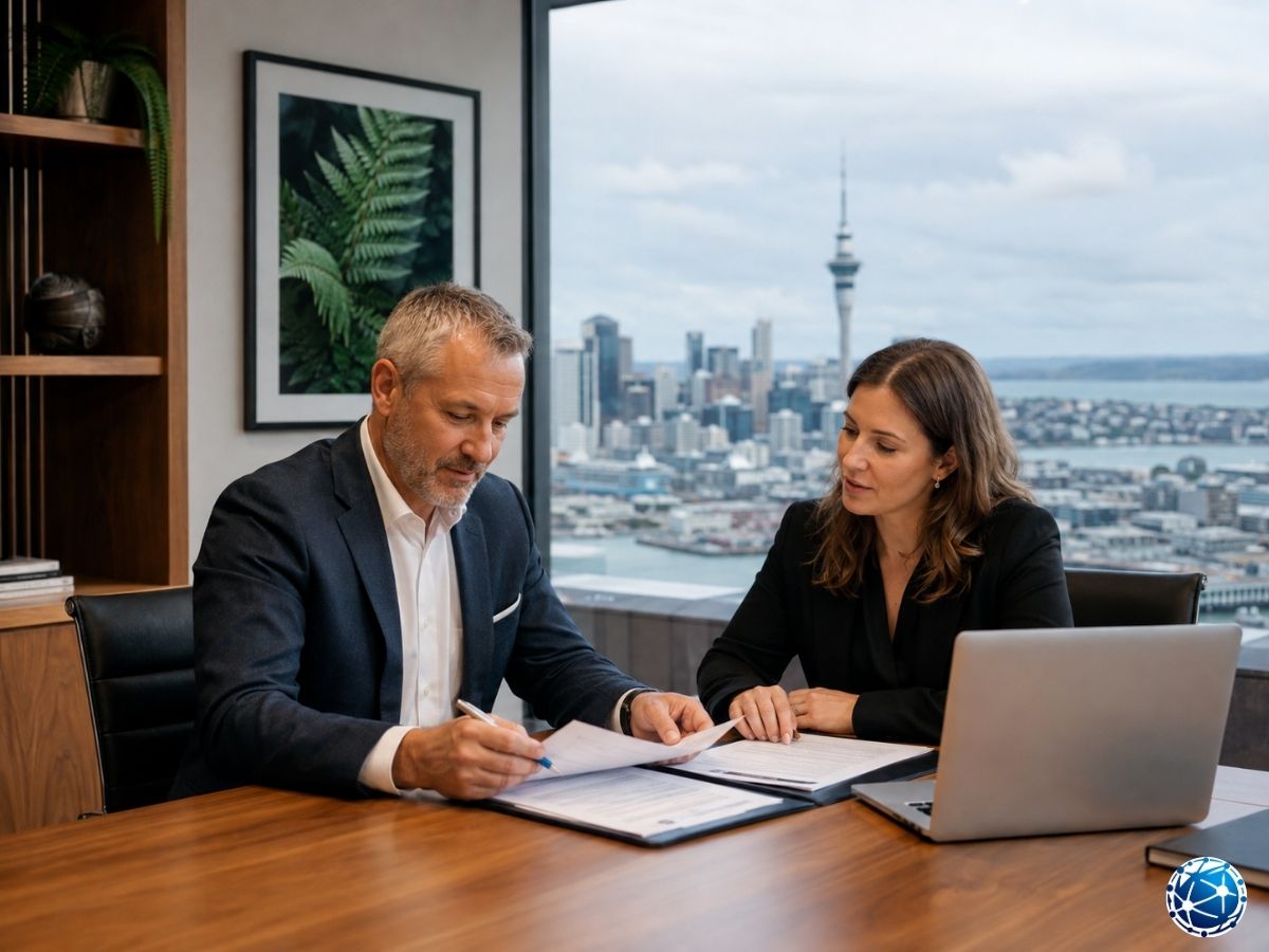 Auckland manzaralı ofiste Active Investor Plus başvurusu ve yatırım belgelerini inceleyen yatırımcı ile uzman