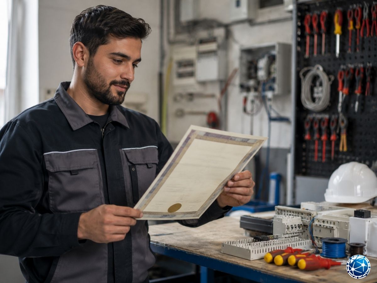 Elektrik alanında çalışan bir ustanın mesleki yeterlilik belgesini atölyede incelemesi