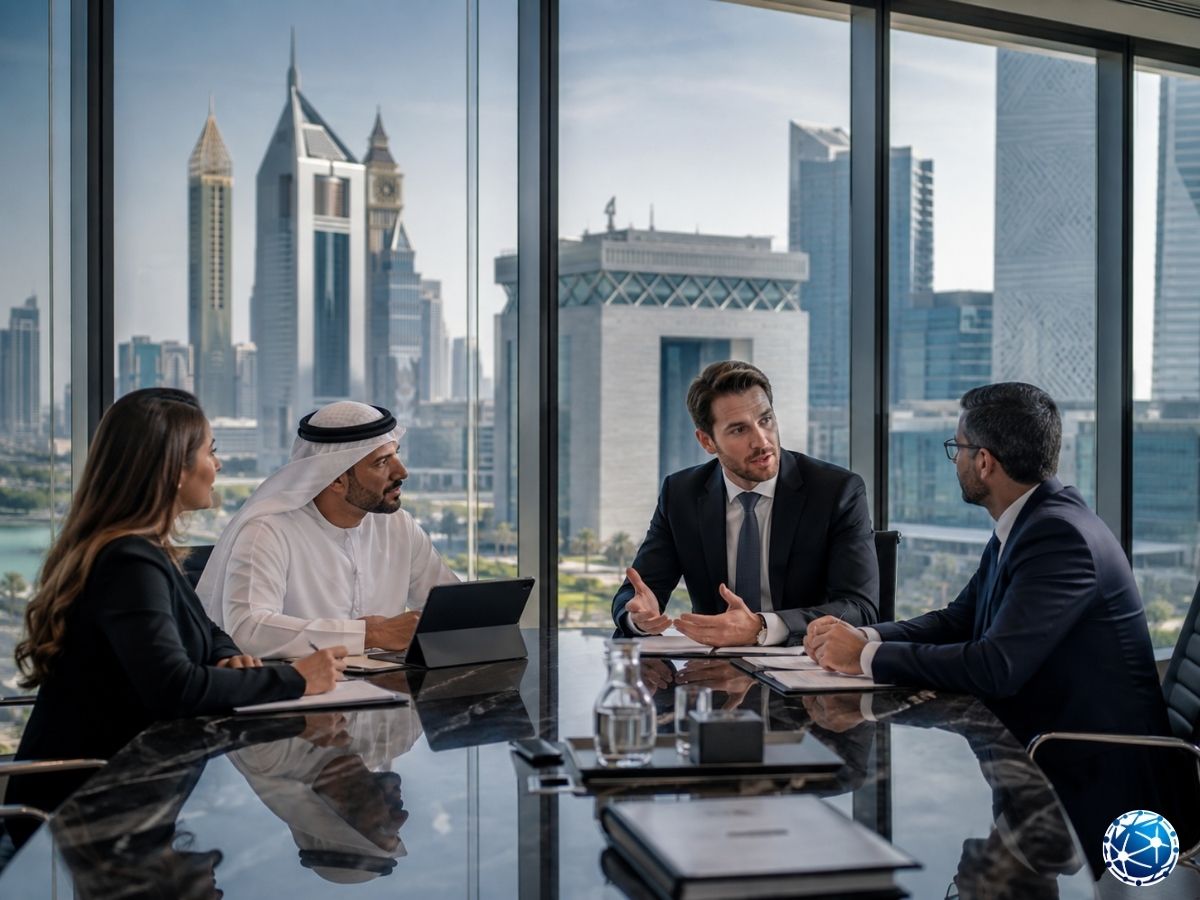 DIFC ve uluslararası iş yapıları hakkında Dubai’de profesyonel toplantı yapan şirket yöneticileri