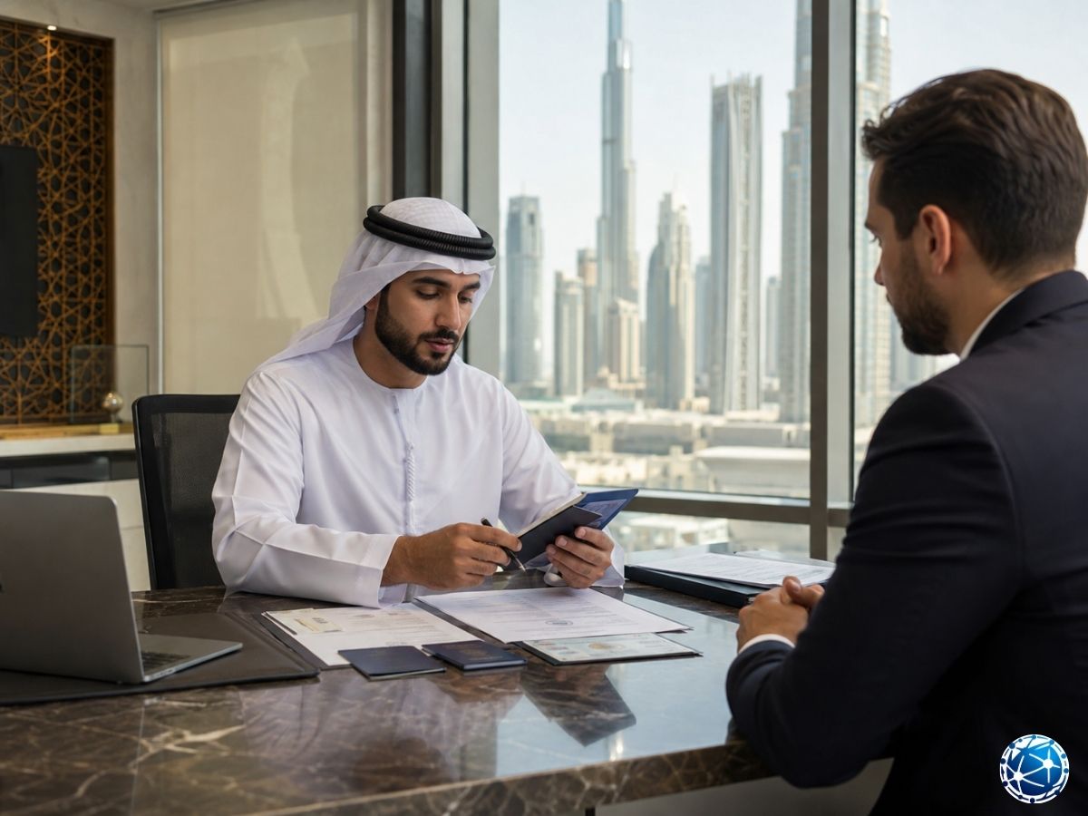 Dubai’de şirket banka hesabı açılışı için KYC ve kurumsal belgeleri değerlendiren banka görevlisi
