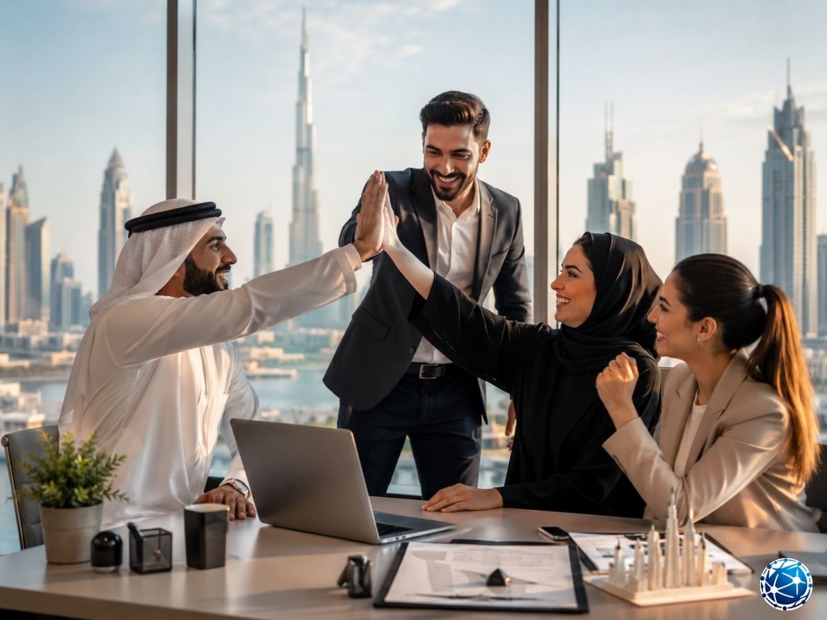 BAE’de şirket kuruluşunu tamamlayan girişimcilerin Dubai ofisinde yeni iş sürecini kutlaması