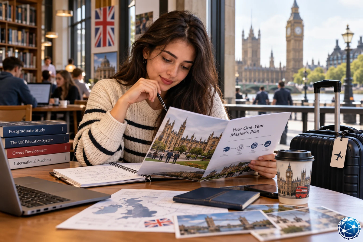 Londra'da bir yıllık yüksek lisans seçeneklerini ve üniversite eğitim planını inceleyen Türk öğrenci.
