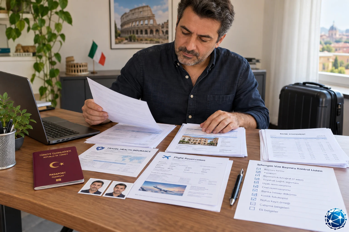 İtalya vizesi için Türk pasaportu, banka hesap dökümü, uçuş rezervasyonu ve seyahat sigortasını inceleyen erkek.