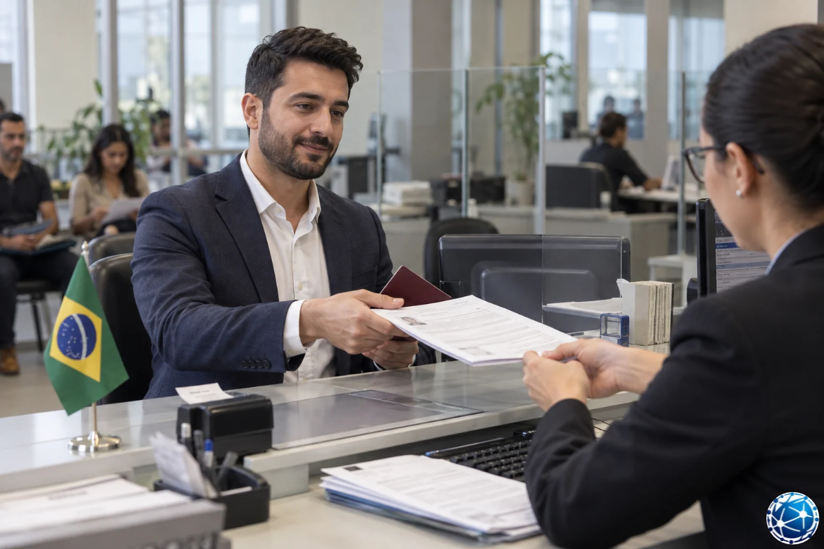 Brezilya'da gayrimenkul yatırımı sonrası oturum izni için pasaportunu ve başvuru evraklarını görevliye sunan Türk vatandaşı.