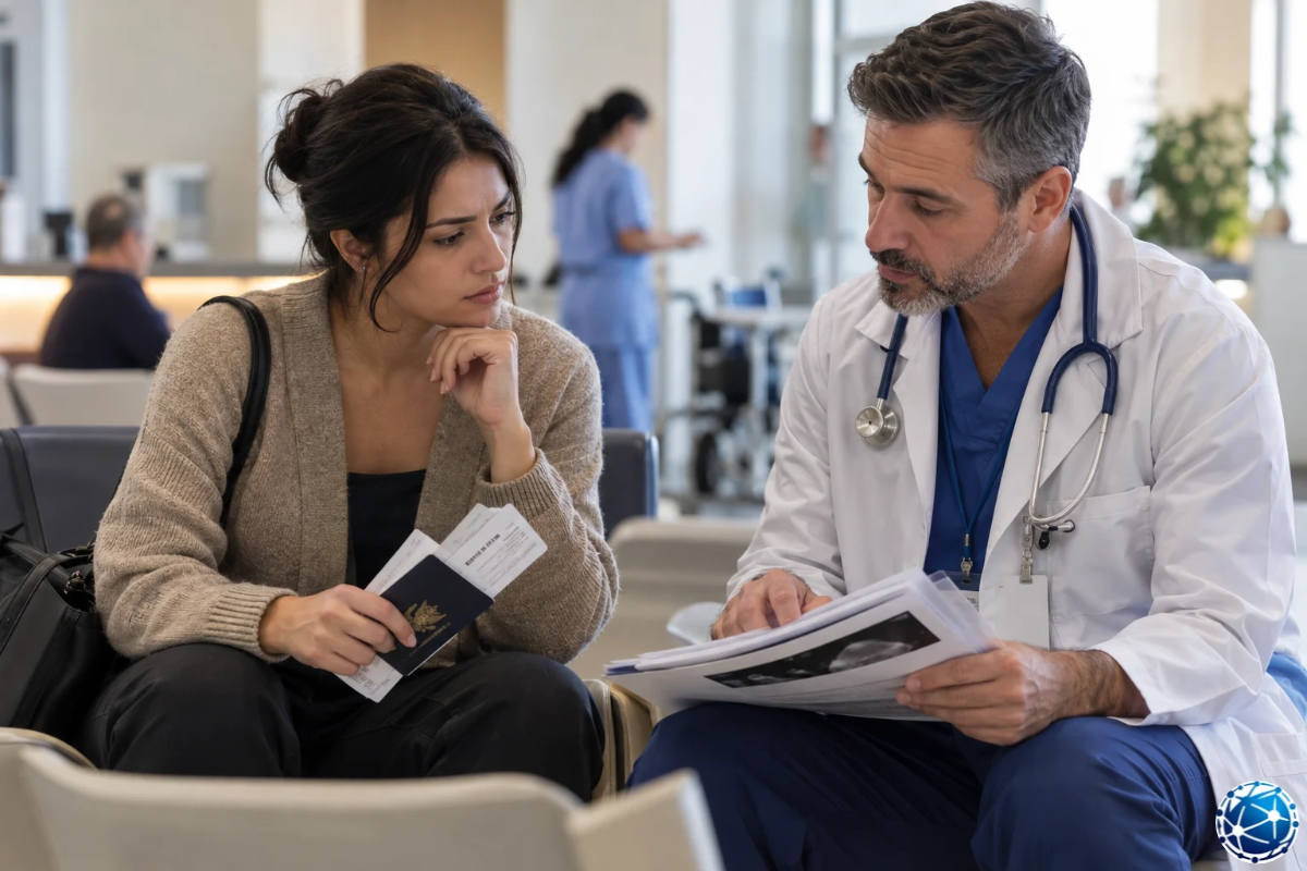 ABD göçmen vizesi mülakat yeri istisnaları kapsamında acil sağlık belgelerini doktorla değerlendiren kadın.
