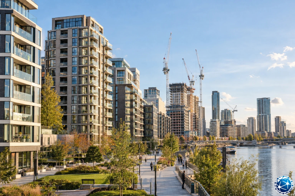 Londra'da nehir kıyısındaki modern apartmanlar, inşaat vinçleri ve gelişmekte olan konut bölgesi.