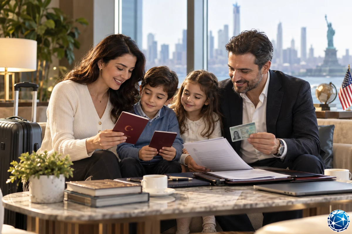 ABD EB-5 Green Card başvurusu için pasaportlarını ve aile belgelerini birlikte inceleyen Türk anne, baba ve çocukları.