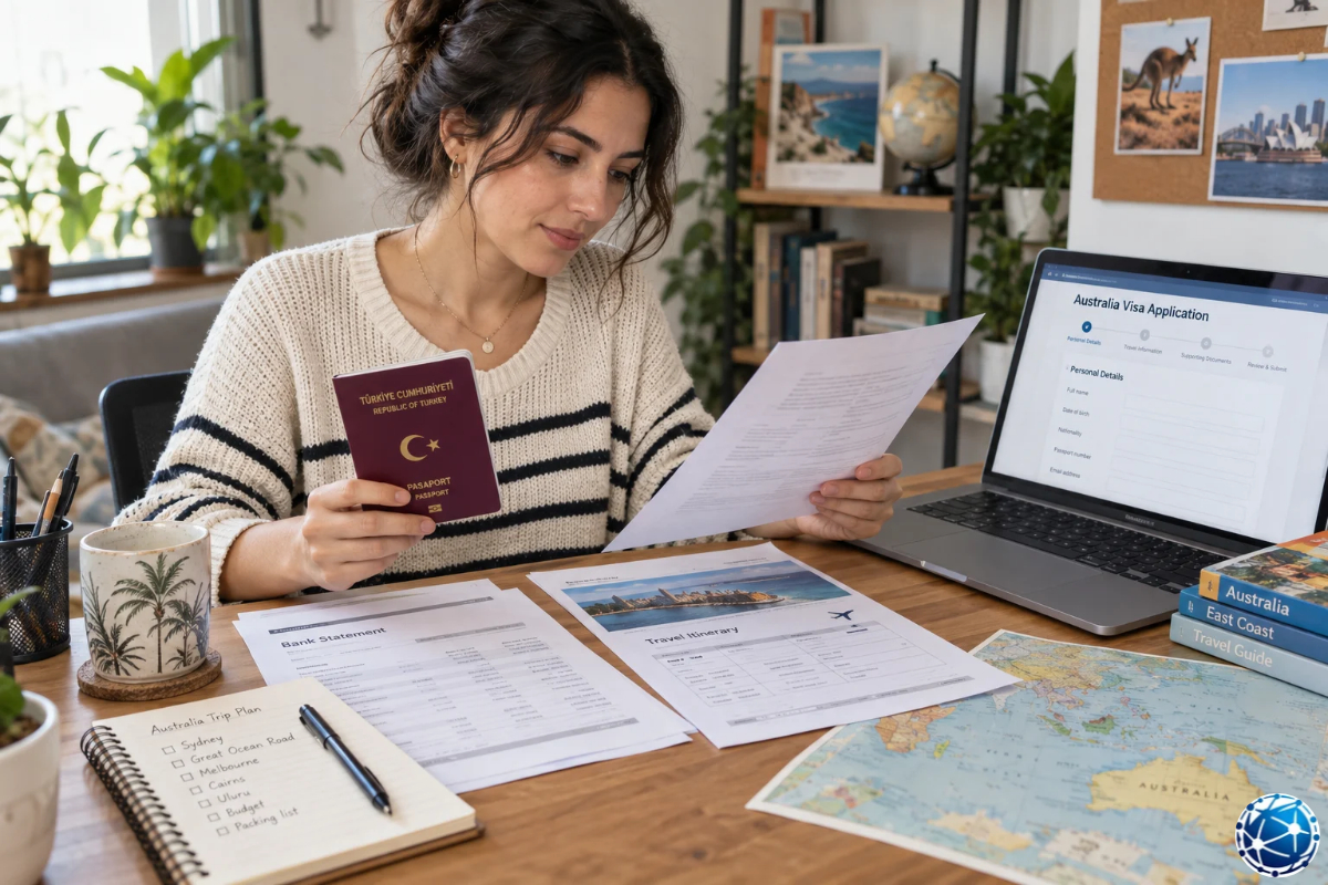 Avustralya vize başvurusunu bilgisayardan hazırlarken Türk pasaportunu ve belgelerini inceleyen kadın.