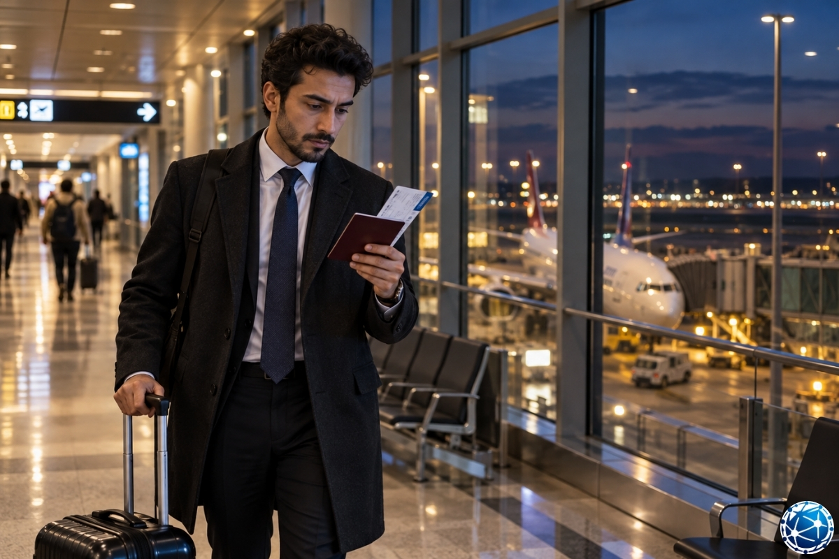 Gece aktarmasında terminalde valiziyle bekleyip pasaportunu ve biniş kartını inceleyen erkek yolcu.