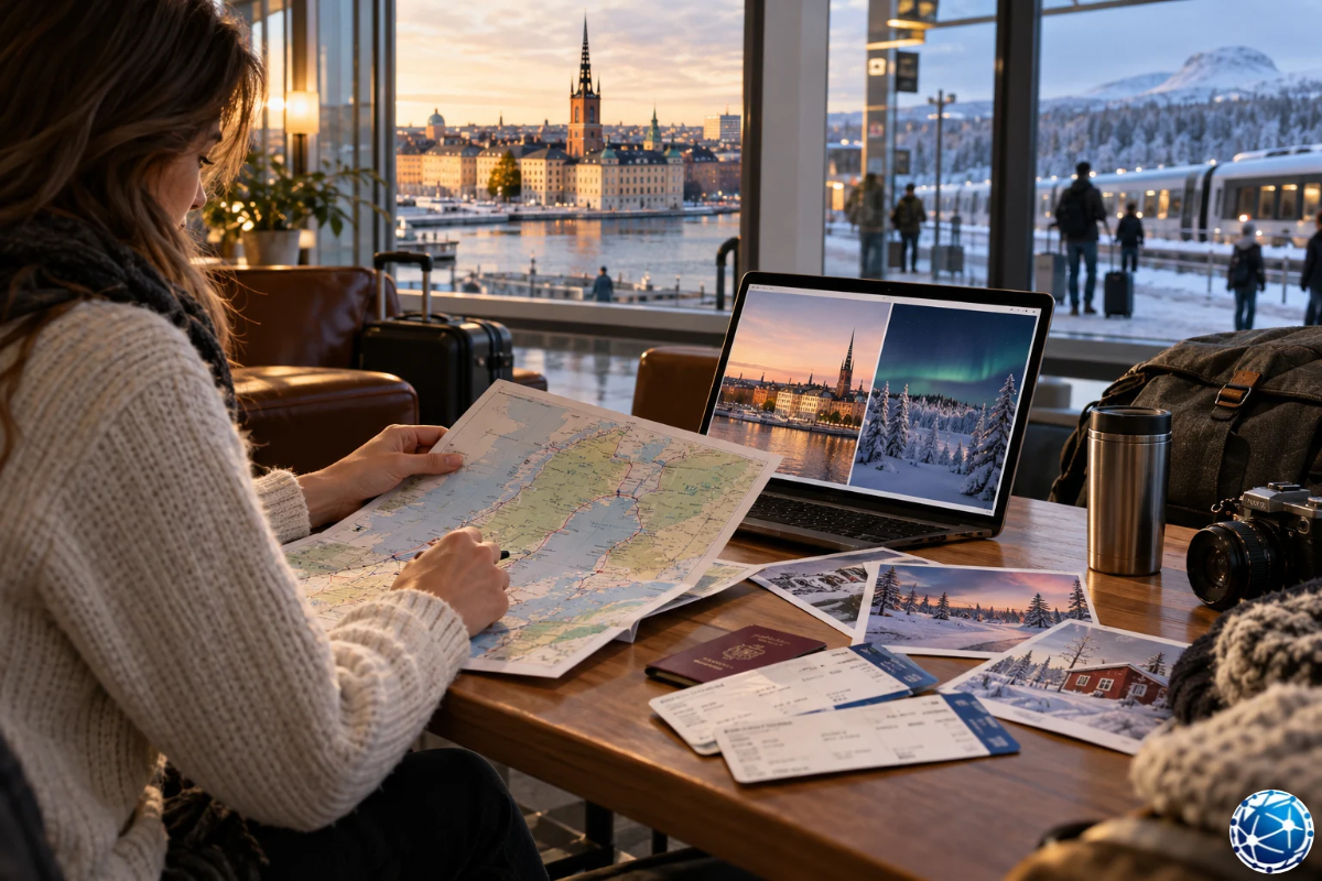 İsveç'te Stockholm ve Kiruna seyahati için ulaşım rotasını, kuzey ışıklarını ve kış tatili planını inceleyen kadın.