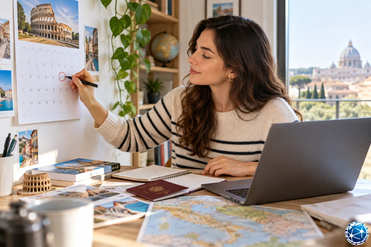 İtalya Schengen vizesi başvuru tarihini seyahat takvimi üzerinde işaretleyen kadın, pasaport ve belgelerini hazırlıyor.