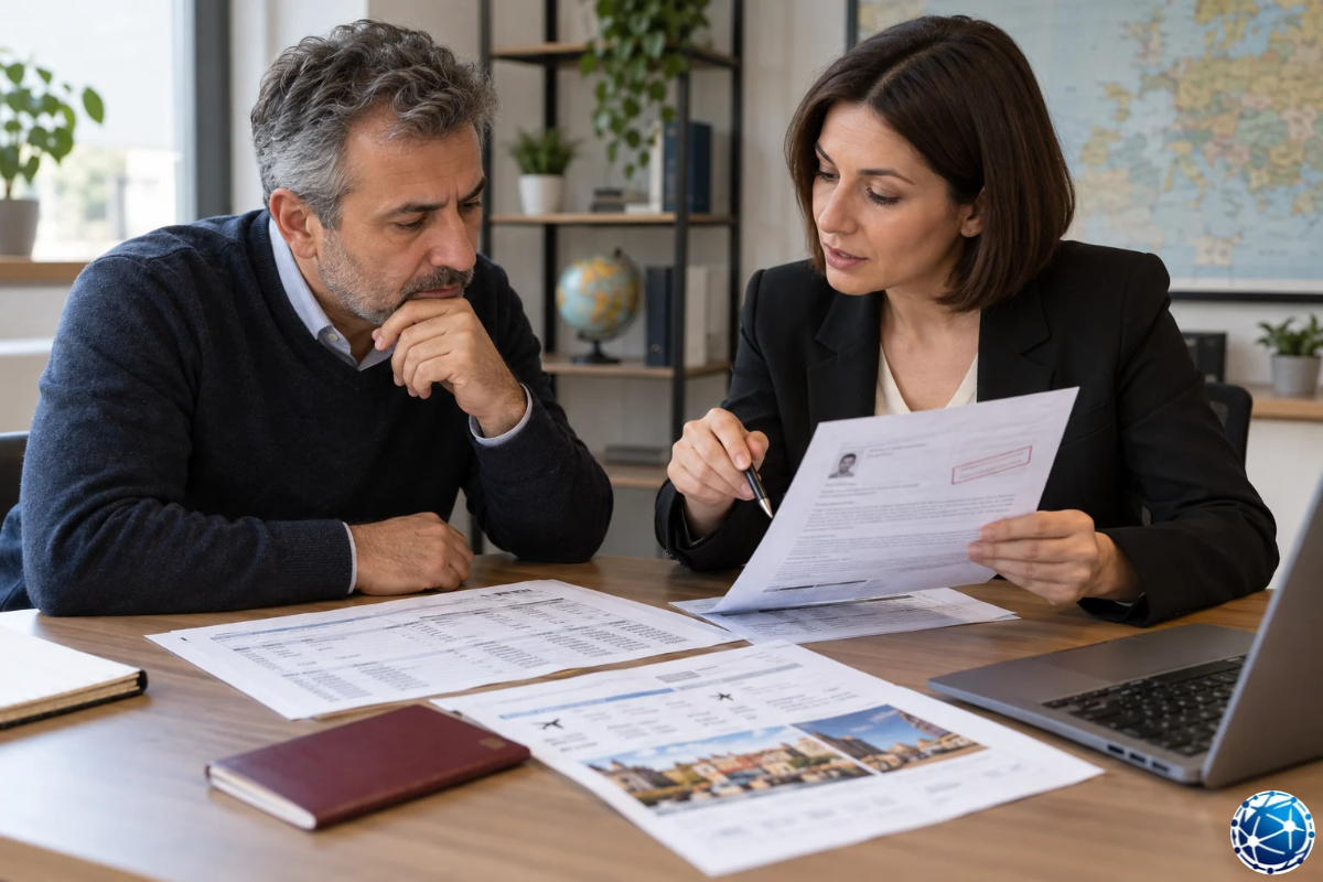 Vize ret kararını masadaki belgeler üzerinden kadın danışmanla birlikte inceleyen erkek başvuru sahibi.