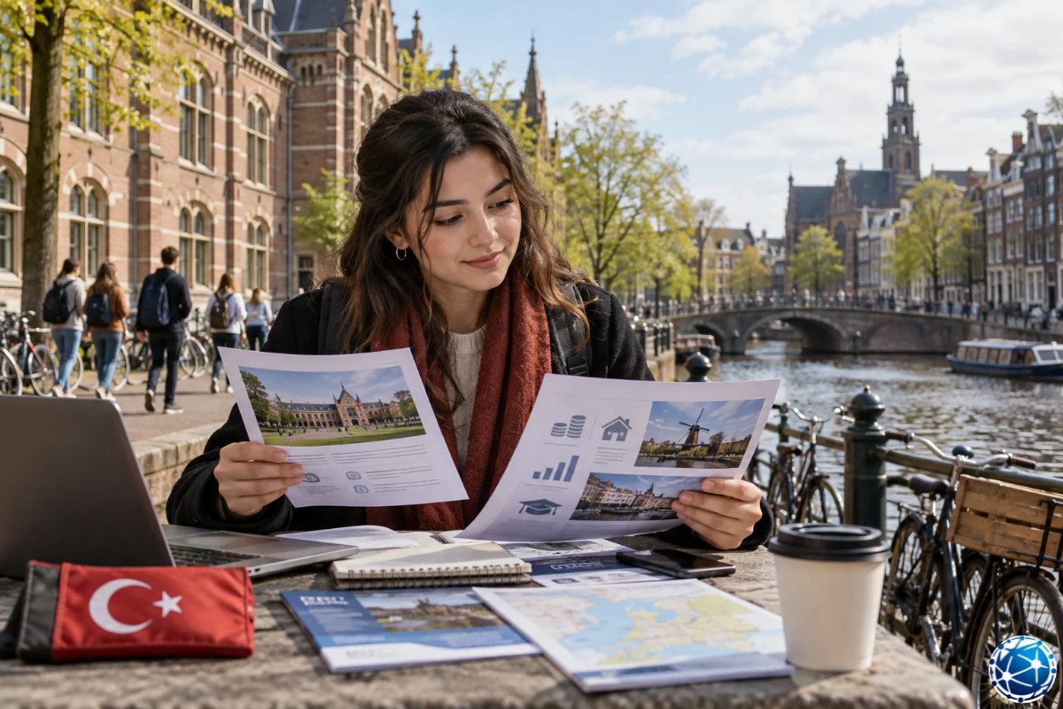 Amsterdam'da Hollanda yüksek lisans programlarını ve öğrenci yaşam giderlerini inceleyen Türk öğrenci.