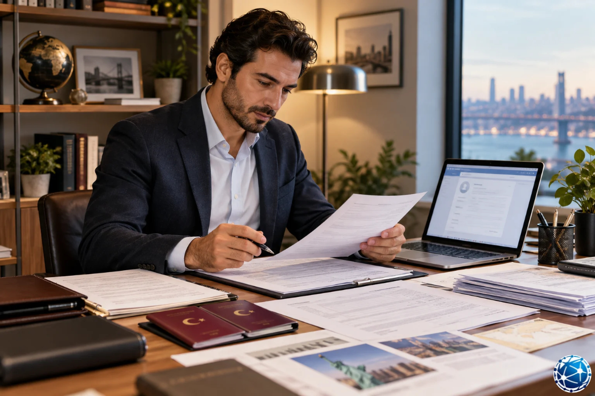 ABD EB-5 başvurusu için sermaye kaynağı belgelerini, finansal kayıtları ve yatırım dosyasını inceleyen Türk girişimci.