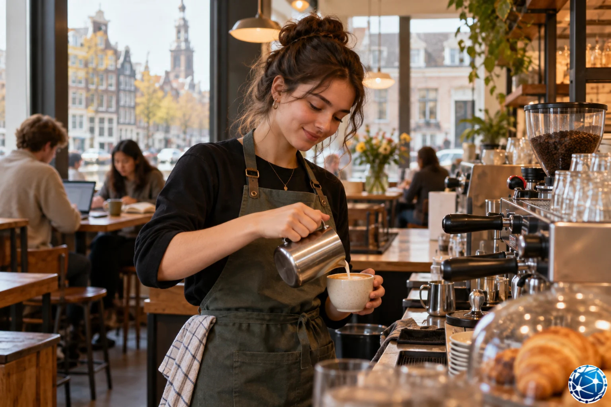 Hollanda'da öğrenci oturum izniyle çalışma hakkını temsil eden, kafede yarı zamanlı barista olarak çalışan öğrenci.