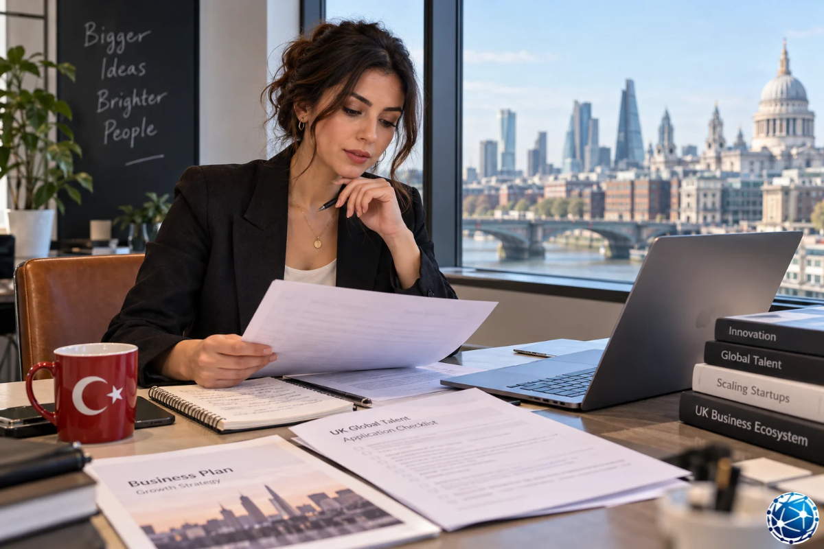 Londra manzaralı çalışma ofisinde İngiltere Global Talent vizesi başvuru belgelerini inceleyen kadın.