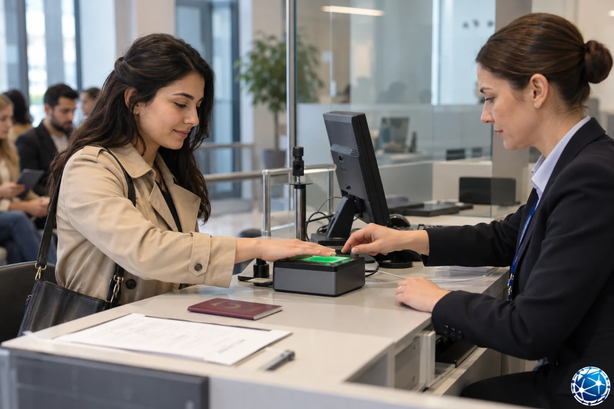 İtalya Schengen vizesi başvurusunda biyometrik parmak izi veren kadın, başvuru merkezi görevlisiyle işlem yapıyor.
