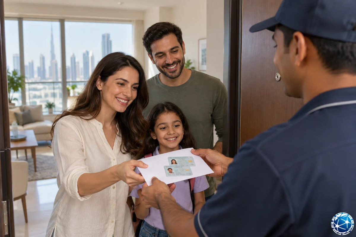 Dubai'deki evlerinin kapısında yeni kimlik kartlarını içeren teslimat zarfını alan çocuklu aile.