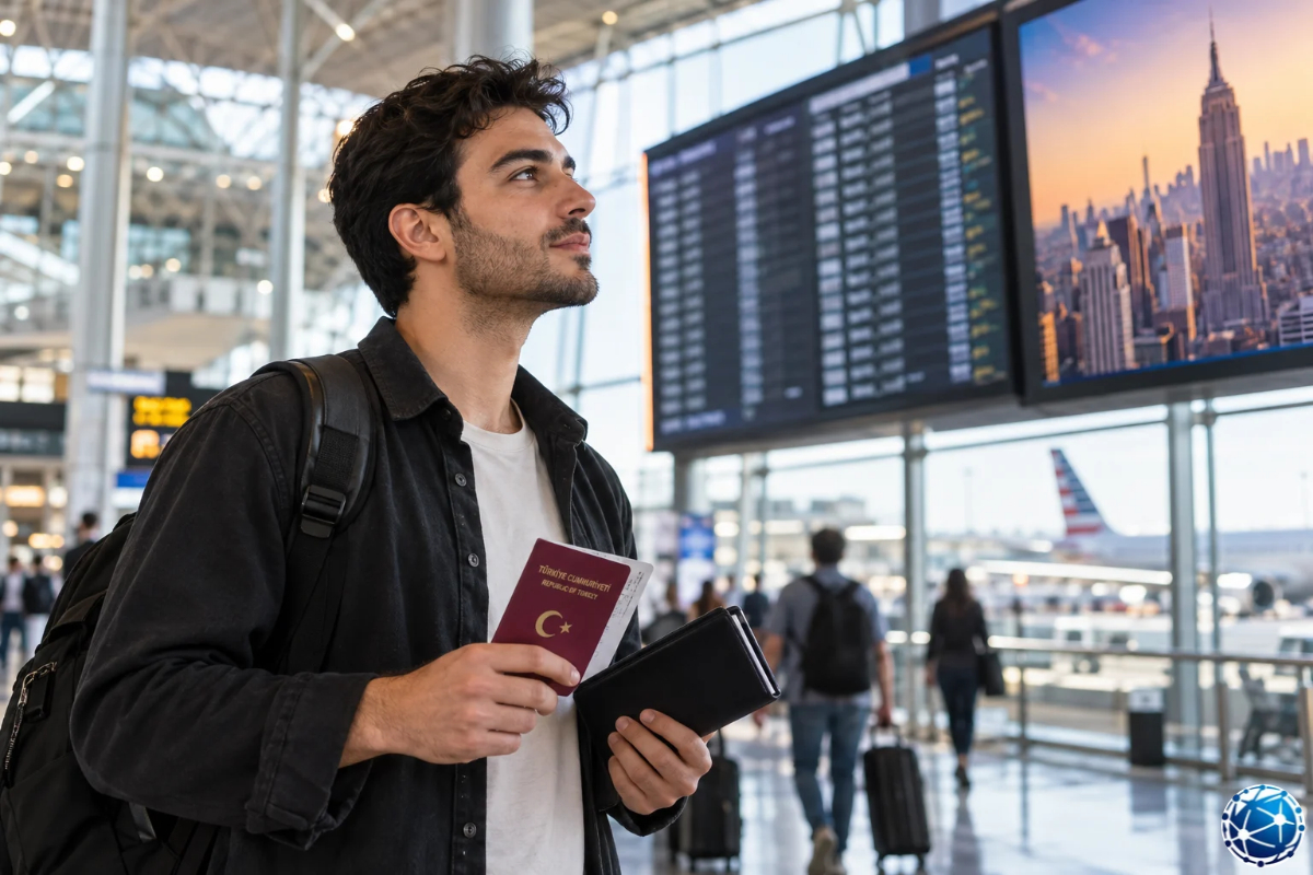 ABD B-2 turist vizesiyle seyahat hazırlığı yapan Türk yolcu, havalimanında pasaportu ve uçuş bilgilerini inceliyor.