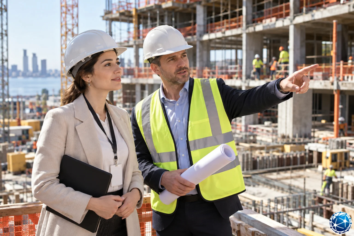 EB-5 programının 10 tam zamanlı iş şartını temsil eden ABD inşaat projesini yerinde inceleyen Türk yatırımcı.