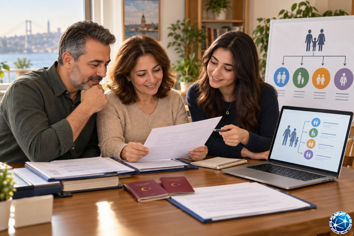 ABD aile birleşimi Green Card kategorilerini ve göçmenlik başvuru belgelerini birlikte inceleyen Türk aile.