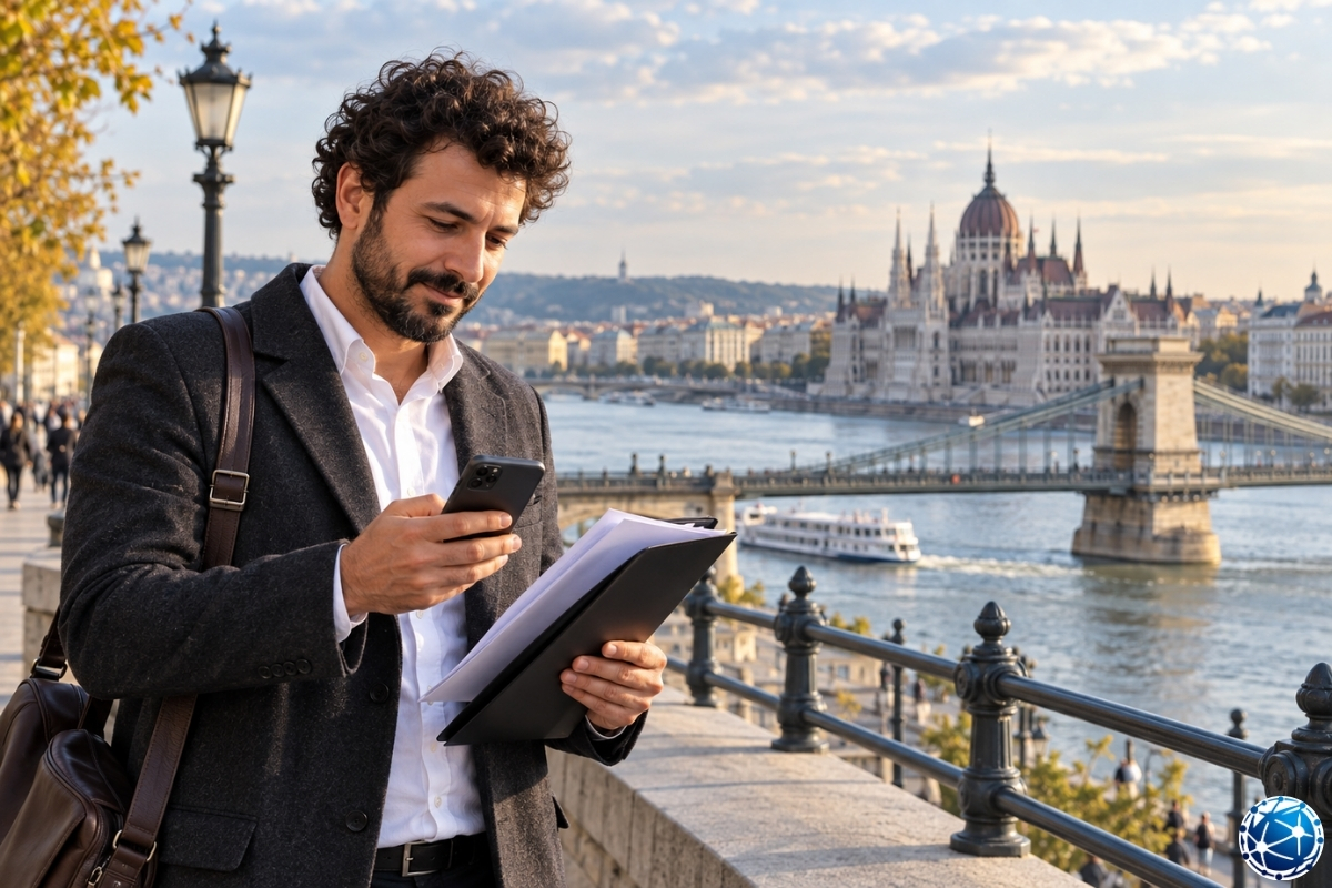 Budapeşte'de Tuna Nehri ve Macaristan Parlamento Binası manzarası önünde telefonundan iş bilgilerini inceleyen, evrak dosyası taşıyan Türk p