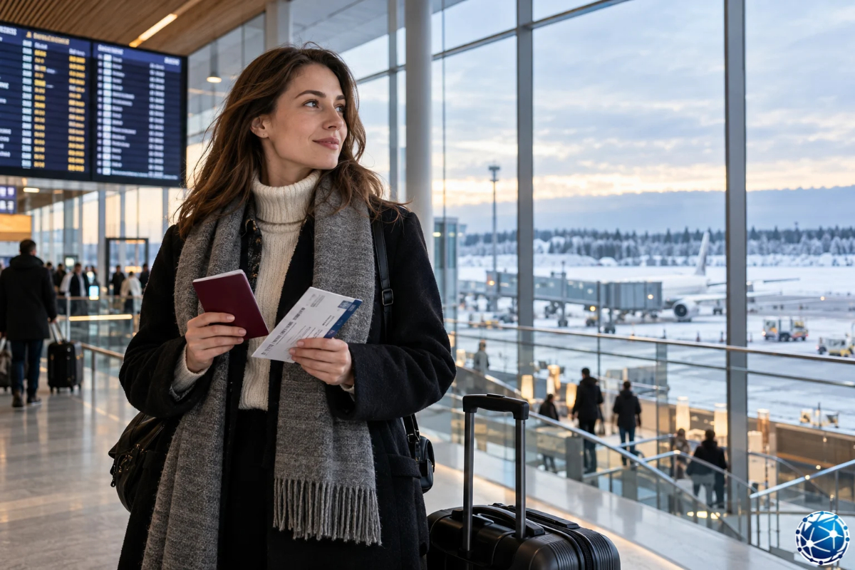 Finlandiya Schengen vizesiyle seyahat hazırlığı yapan kadın, havalimanında pasaport ve uçuş belgelerini kontrol ediyor.