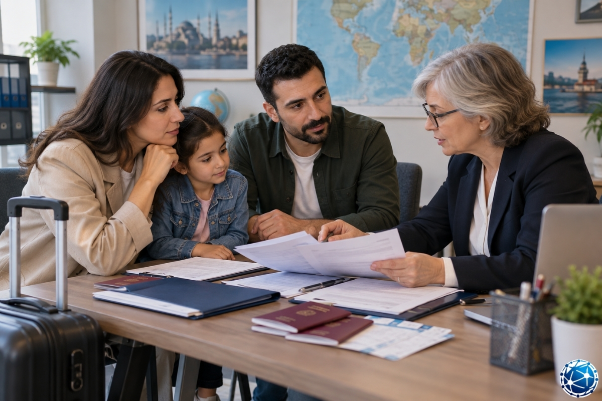 Çocuklarıyla birlikte vize danışmanına başvuru belgelerini gösteren anne ve baba.