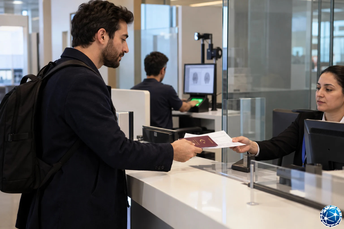 İngiltere vizesi biyometri randevusunda Türk pasaportunu ve başvuru belgelerini merkez görevlisine teslim eden erkek.