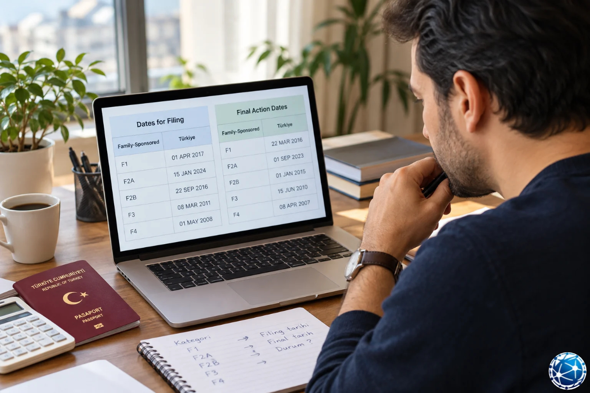 ABD Visa Bulletin içindeki Final Action Dates ve Dates for Filing tablolarını bilgisayarda karşılaştıran Türk başvuru sahibi.