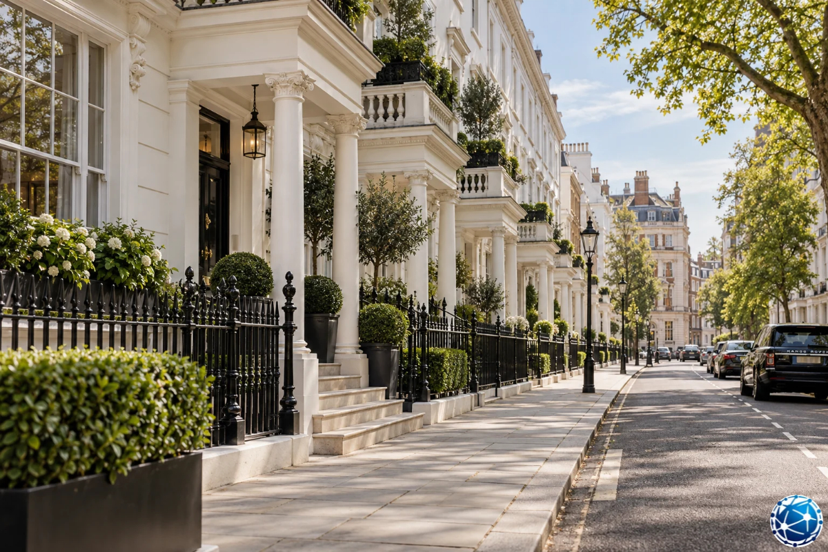Londra'da beyaz cepheli tarihi konutların, ferforje çitlerin ve ağaçlıklı sokakların bulunduğu lüks yerleşim bölgesi.